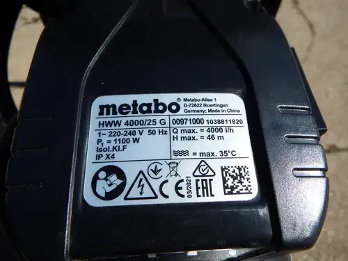 Metabo Pompa, hydrofor do wody HWW 4000/25 G 230 V 4000 l/h. Jak nowa.