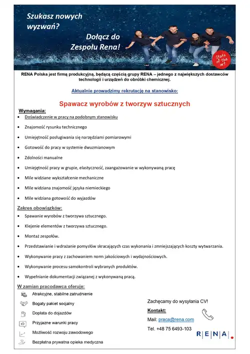 Rena Polska Sp. z o.o. zatrudni doświadczonych Spawaczy tworzyw sztucznych