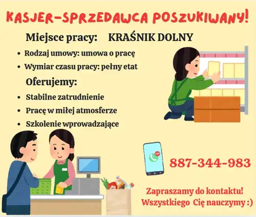 PRZYJMĘ DO PRACY KASJER SPRZEDAWCA 